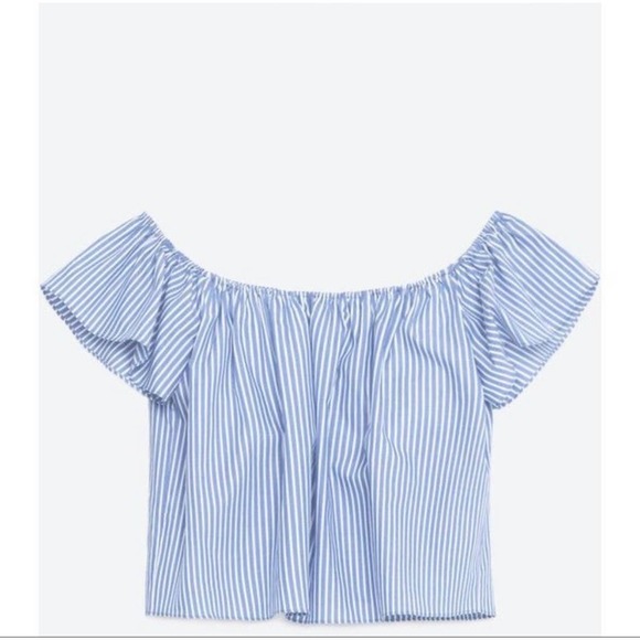 Zara Striped Blue White Off the Shoulder Crop Top Flutter Sleeve Size Small - Picture 7 of 7